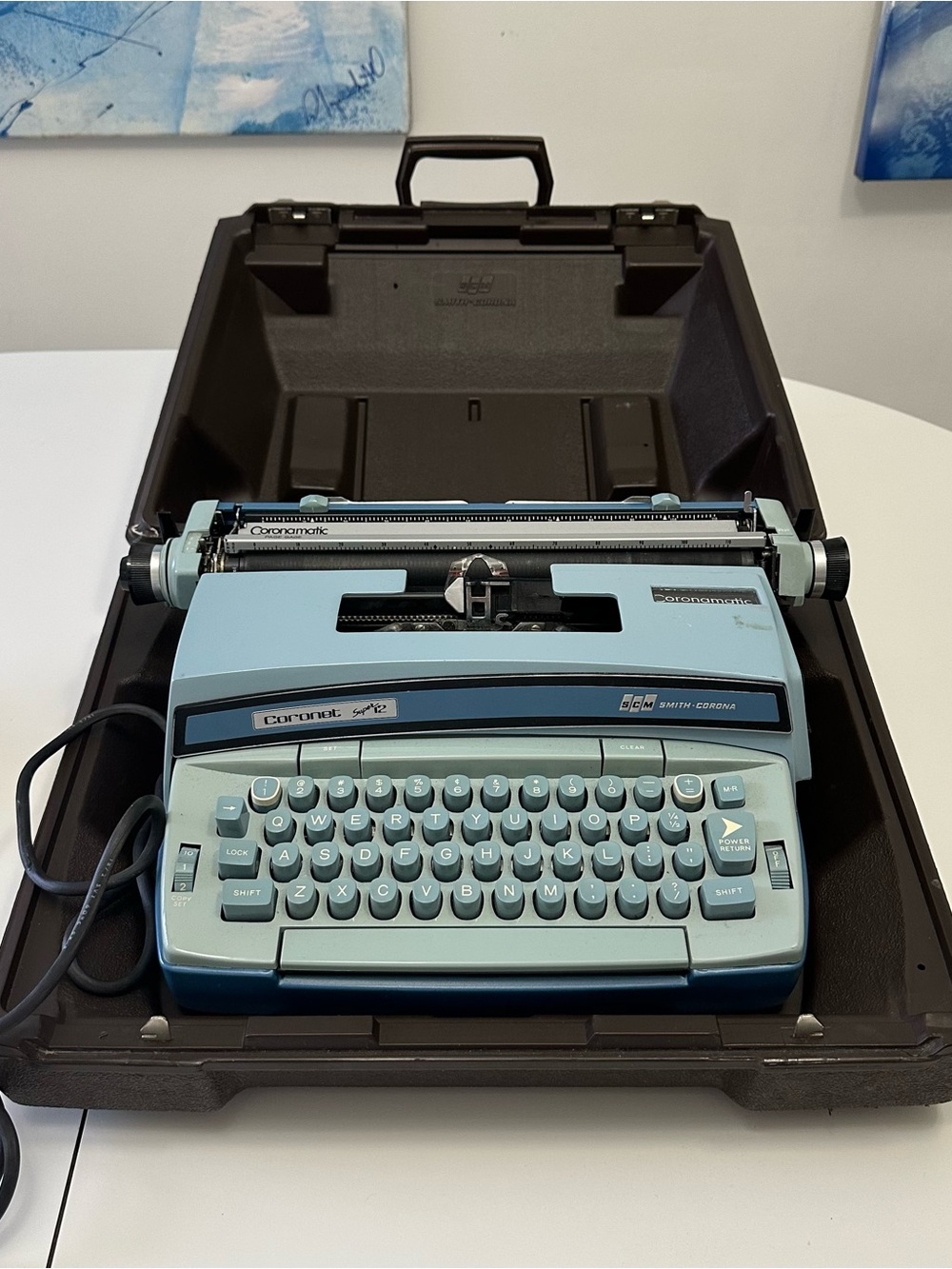 Vintage Smith Corona Electric Coronet Super 12 Baby Blue Typewriter and Case